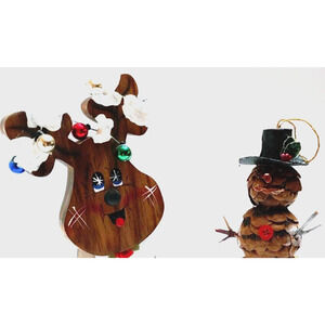 Handmade Christmas Decor-2 Pc. Wood Reindeer/ Pinecone Snowman